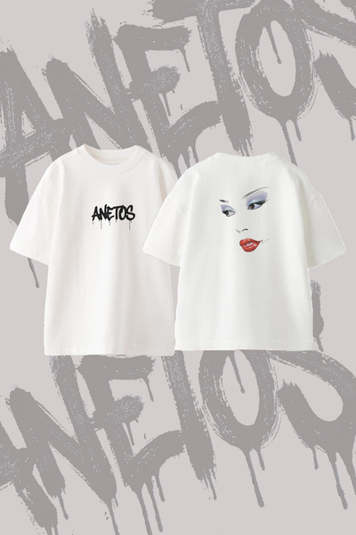 Anetos Makeup Face Design Back Printed Cotton White Oversize T-Shirt