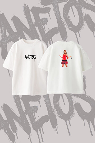 Anetos Plaid Skirt Singer Design Back Printed Cotton White Oversize T-Shirt