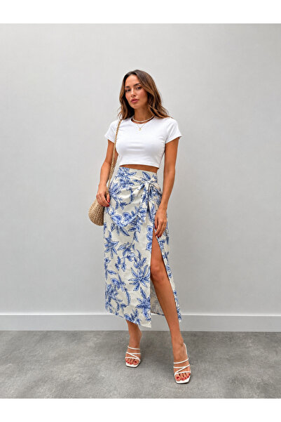 Maldia Shop Women's Ethnic Pattern Zipper Design Tie-Up Indigo Skirt