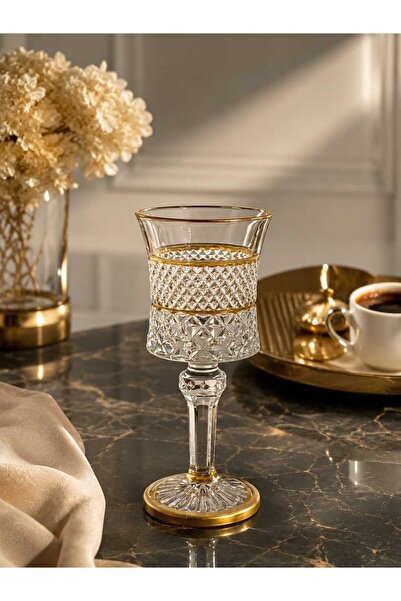 yuvambella Gold Yaldızlı Kristal Cam Ayaklı Kahve Yanı 6'lı Set- Su Bardağı, ...