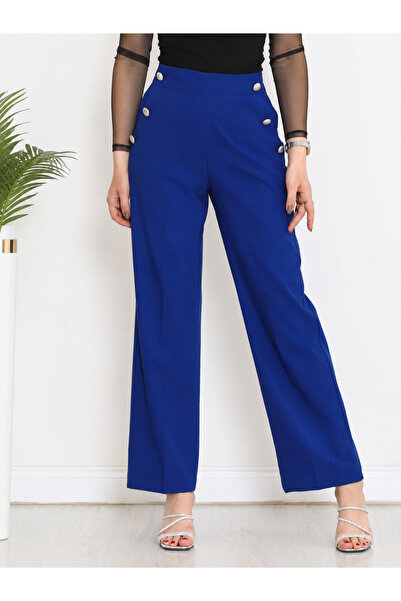 MYSSHOES Button Detailed Women's Trousers Cobalt Blue