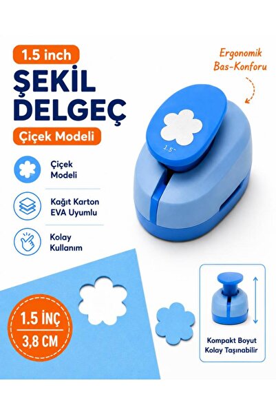 OFİSİNN Şekilli Büyük Boy Delgeç/Şekilgeç 3.8 cm Çiçek Mavi