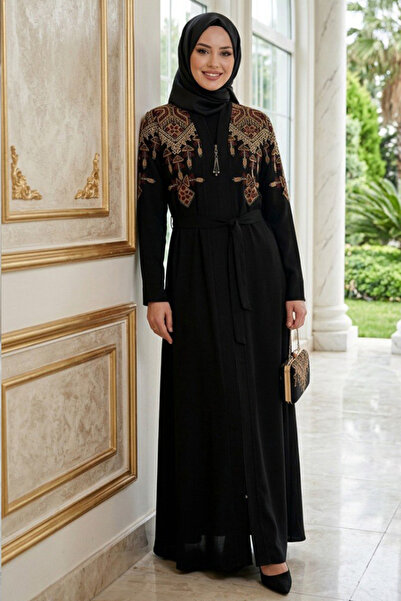 Neva Style Ethnic Embroidery Detailed Belted Black Hijab Robe 29144S