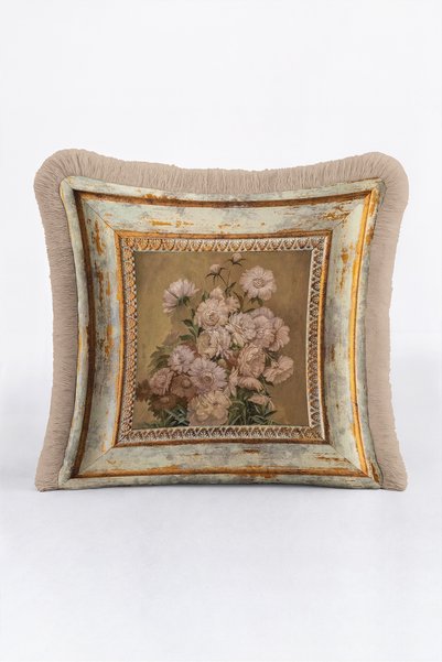 Evimde Bambaşka Vintage Floral Distressed Framed Fringed Pillowcase - Avant-Garde Floral Beige Tassel Throw Pillow Cover