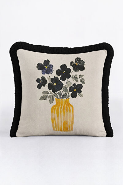 Evimde Bambaşka Floral Vase Design Fringed Pillowcase-Artistic Floral Beige Y...