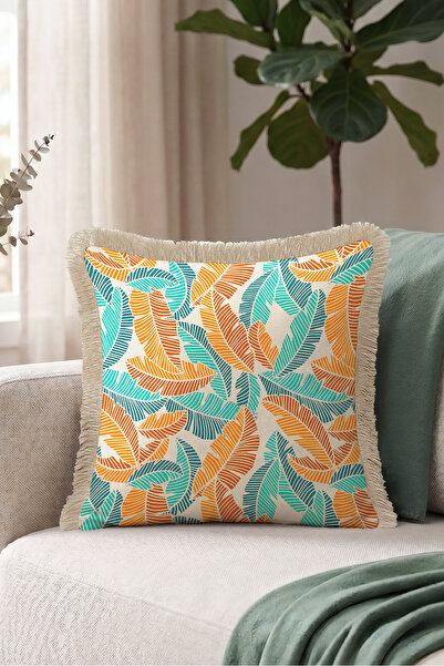 Evimde Bambaşka Tropical Leaf Motif Fringed Pillowcase - Exotic Orange Turquo...