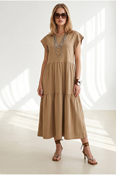 Olalook Women's Camel Sleeve Ruffled Segmented Mini Cotton Dress Elb-19002445