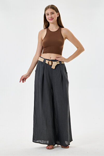 della moor Women's Anthracite Italian 100% Linen Straw Belted Pleated Wide Le...