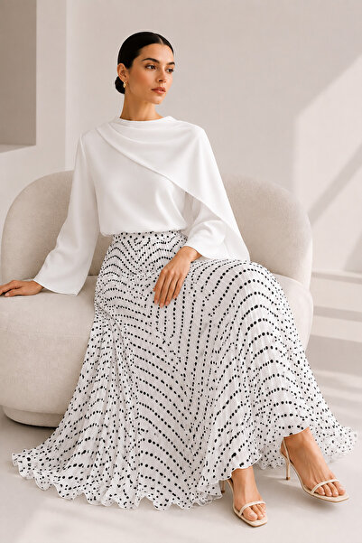 Zühre Polka Dot Pleated Ecru Skirt with Elastic Waist 0242