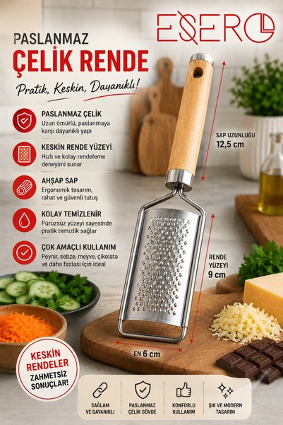 ESERO Steel Kitchen Grater with Wooden Handle Sharp Grater with Ergonomic Grip for Cheese, Lemon, Nutmeg and Chocolate
