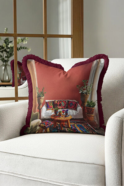 Evimde Bambaşka Ethnic Authentic Şark Köşesi Fringed Pillowcase - Tile Red Ta...
