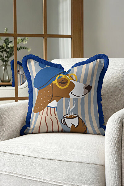 Evimde Bambaşka Dog Figured Character Fringed Pillowcase-Artistic Bohemian Cr...