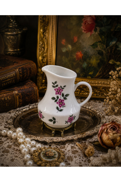 EVVEL ZAMAN ANTİK Vintage Çiçek Desenli Porselen Sütlük / Krema Sürahisi