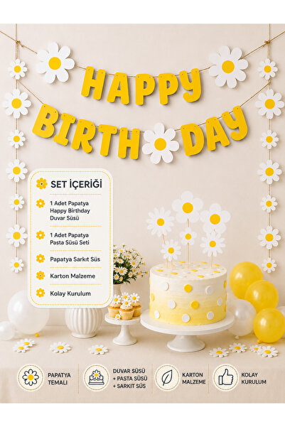 Partifabrik Daisy Themed Party Set 3-Piece Cake Decoration Happy Birthday Pen...
