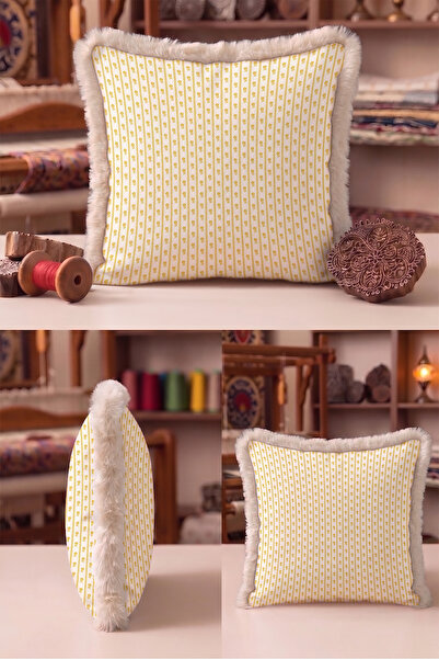 Evimde Bambaşka Floral Design Striped Fringed Pillowcase - Delicate Floral Ye...