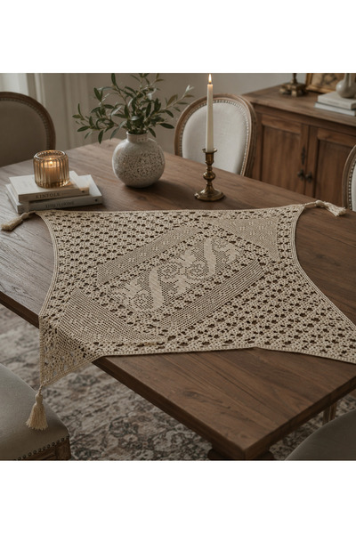 KİLİAHOME El Örgüsü Dantel Runner 100 x 83 cm – El Yapımı Püsküllü Vintage Ma...