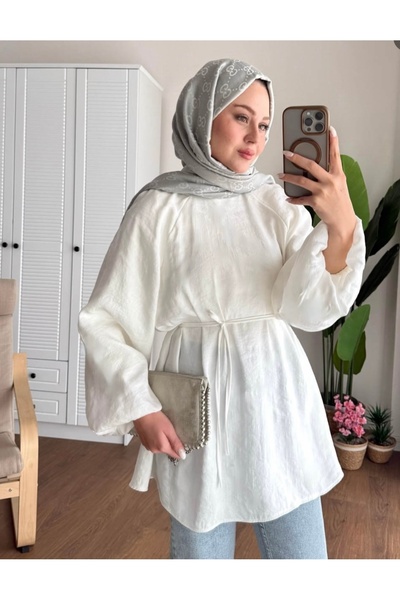 bm bessomoda fashion boutique BALON KOL BEL BAĞLAMALI TESETTÜR GÖMLEK - MODAL...