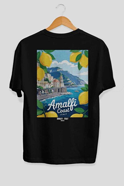 Ankhises Amalfi Italy 6 Black Oversize Country City Back Printed Unisex T-Shi...