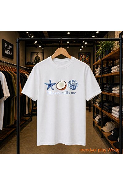 playwear Tricou cu imprimeu The Sea Calls Me, 100% bumbac, supradimensionat, ...