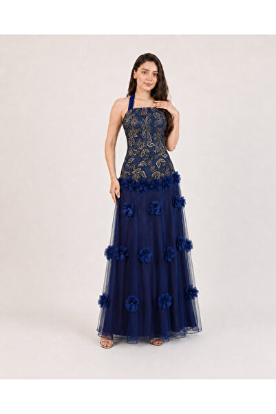 DVNA Dvna Dress Tulle Embroidered 3D Gazar Roses Navy Blue