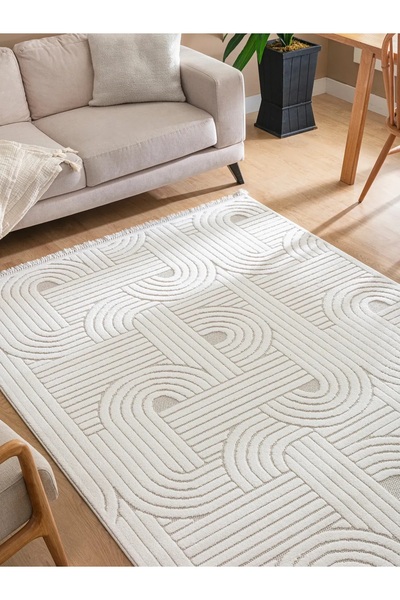 Geometrik Çizgili Modern Kabartmalı Dekoratif Halı Saçaklı