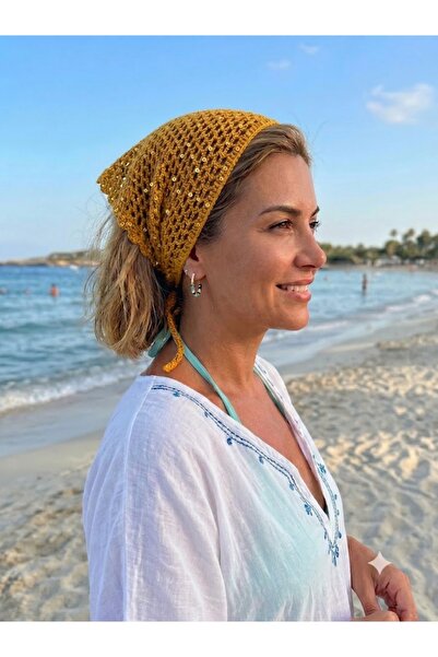 MOJOMIX Dikişsiz El Örgüsü Hardal Sarısı Renk Pullu Esnek Bandana