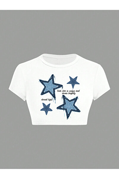 LUMSHİNE Women's Star Heart Printed Tee Crop