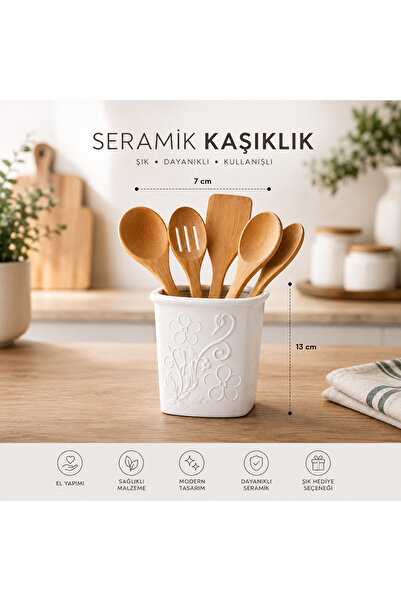 Lui Tasarım Beyaz Renk Desenli Seramik Tezgahüstü Kaşıklık 13,5 cm Mutfak Dekorasyon