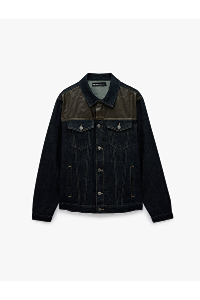 Koton Cotton Covered Pockets Faux Leather Detailed Buttoned Shirt Collar Jean...