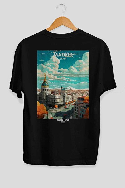 Ankhises Madrid Spania Tricou unisex negru oversize cu imprimeu pe spate Coun...