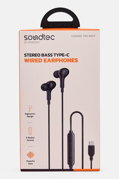 porodo Stereo Bass Type-C Wired Earphones, Black
