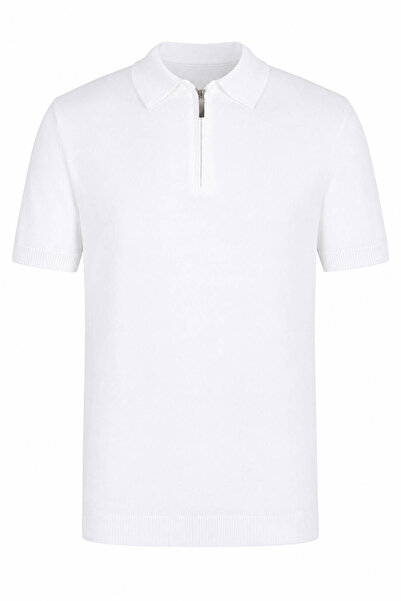 trender Plain White Men's Polo Collar T-Shirt with Half Zipper 16357-15965