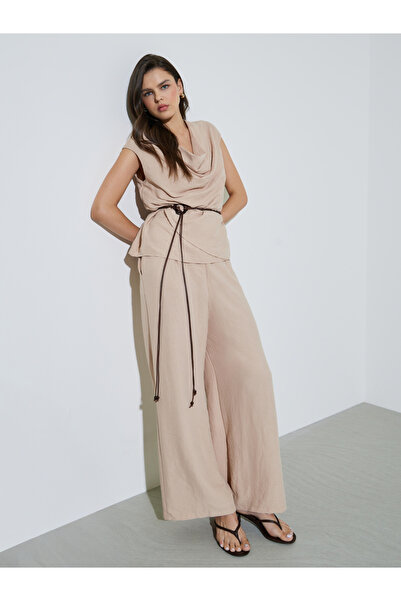 Take Two By Styli Beige Cowl Neck Tie-Cord Belt Blouse And Pants Co-Ord Set
