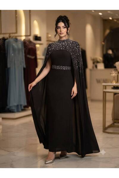 Pyramid masterpieces Black Evening Dress with a Touch of Royal Cape