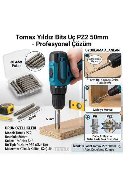 EMİRHANNALBUR Tomax Yıldız Bits Uç PZ2 50 mm Şarjlı Matkap Vidalama Ucu ( Siv...