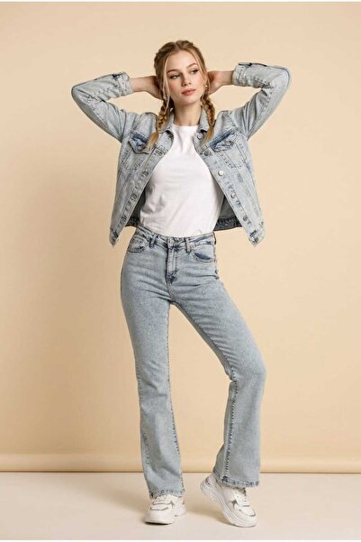 they11 Women's Spanish Flare High Waist Lycra Denim Blue Snow Jeans