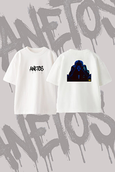 Anetos تي شيرت The Weeknd_70 مصنوع من القطن الأبيض المطبوع من الخلف بمقاس كبير