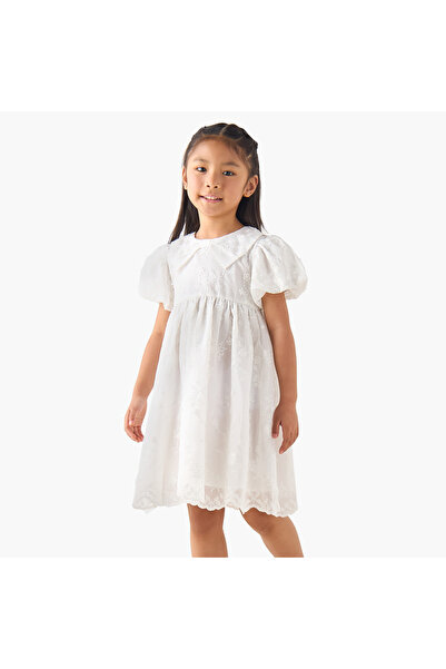 ELIGO Peter Pan Collar Short Puff Sleeves A-line Dress with Floral Embroidery