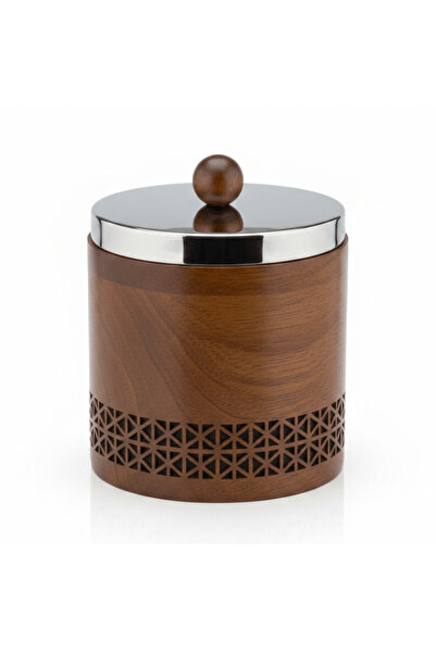 AKDC Luhpar Brown Wooden Jar with Silver Stainless Steel Lid — 13×13 cm