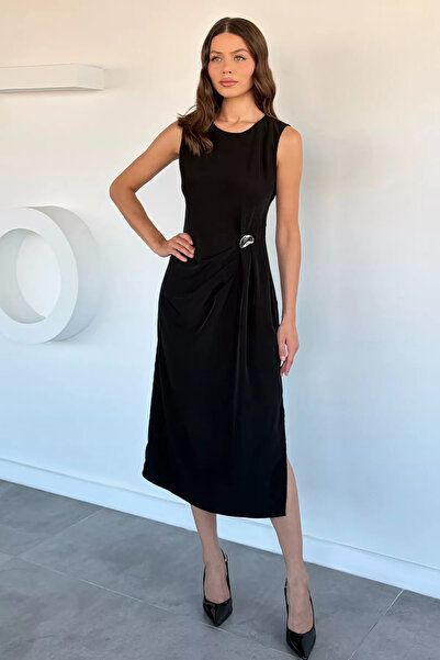 Aryena Black Women's Dress with Buckle Detail and Slit