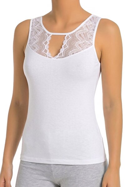 Öts Tricou de damă din bumbac, cu dantelă, detaliu tip fereastră, bretele gro...