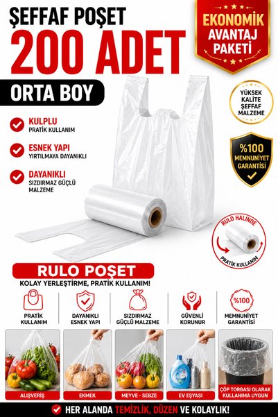 OPTİMEX Şeffaf Kulplu Rulo Poşet 200 Adet Orta Boy Dayanıklı Esnek Market Manav Gıda Taşıma Poşeti