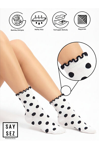 SAYSEZ Bamboo Women's Ruffled Polka Dot Patterned Seamless Premium Socks Whit...