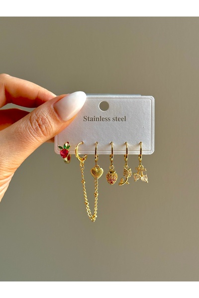 YOUES JEWELRY ÇELİK KADIN 6'LI KÜPE SETİ 14K RENK GOLD