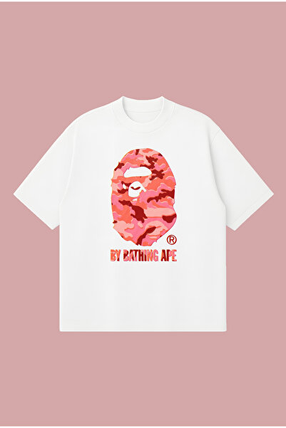 PURE POWER Pink Glitch Bape Baskılı Oversize Boxy Kesim Unisex %100 Pamuklu T...
