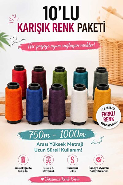 RuzgarHome 10lu Dikiş İpi Seti Karışık Renkler 750-1000m