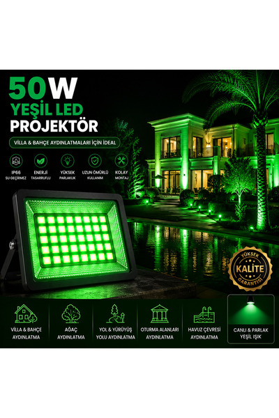 ASTEC Yüksek 50 Watt Yeşil LED Projektör – IP66 Su Geçirmez Dış Mekan Aydınla...
