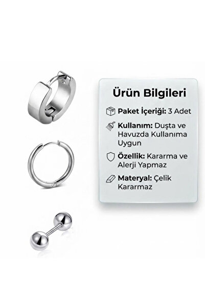 Blisse Piercing Gümüş Renk Klasik Halka Ve Top Uçlu 3lü Set Cerrahi Çelik Küpe