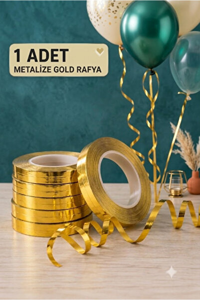 FESTİVALOON Metalize Gold Rafya 25 Metre Balon İpi Parti Dekorasyon Hediye Pa...