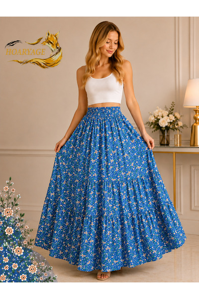hoaryage Elastic Waist 3-Layer Ruffle Viscose Fabric Skirt, Mevlana Long Cott...
